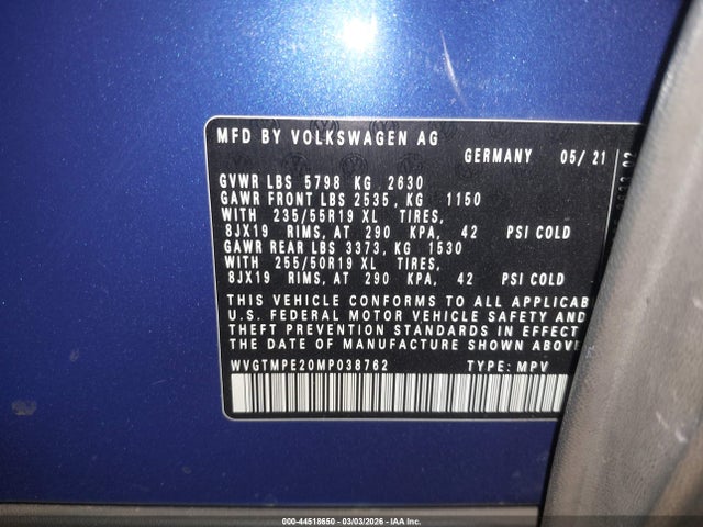 2021 Volkswagen Id.4 Pro S მანქანა იყიდება აუქციონზე, vin: WVGTMPE20MP038762, აუქციონის ნომერი: 44518650