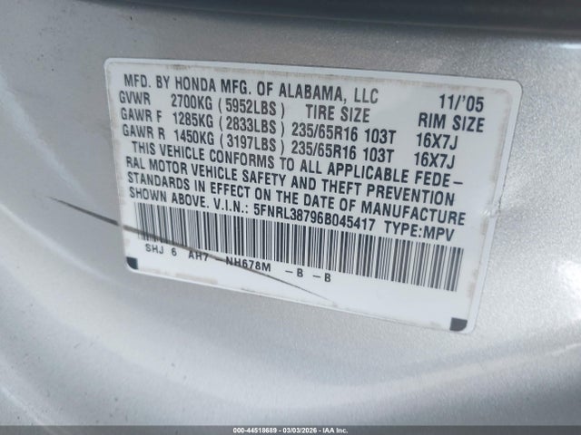 Продаж на аукціоні авто 2006 Honda Odyssey Ex-l, vin: 5FNRL38796B045417, номер лоту: 44518689