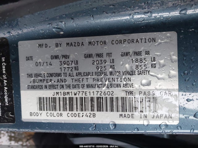 44518710 :رقم المزاد ، JM1BM1W77E1172602 vin ، 2014 Mazda Mazda3 I Grand Touring مزاد بيع