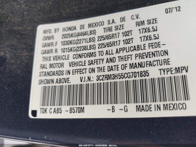44518711 :رقم المزاد ، 3CZRM3H55CG701835 vin ، 2012 Honda Cr-v Ex مزاد بيع