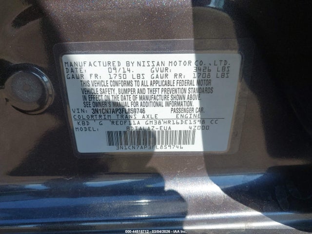 Nissan Versa 1.6 S+ 2015 3N1CN7AP3FL859746 Image 9