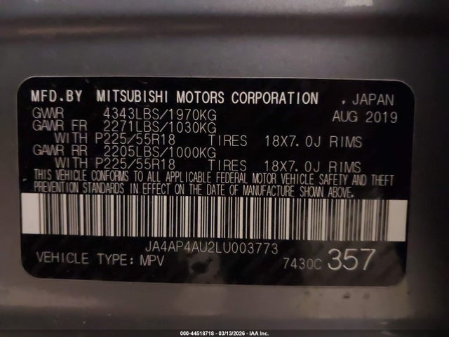 Aukcja sprzedaży 2020 Mitsubishi Outlander Sport 2.0 Se, vin: JA4AP4AU2LU003773, numer aukcji: 44518718