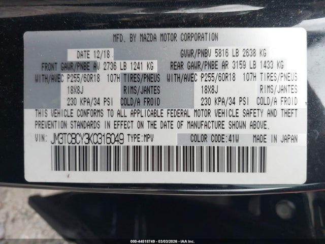 Продажа на аукционе авто 2019 Mazda Cx-9 Touring, vin: JM3TCBCY3K0316049, номер лота: 44518749