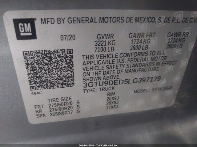 Aukcja sprzedaży 2020 Gmc Sierra 1500 4wd  Short Box Slt, vin: 3GTU9DED5LG397179, numer aukcji: 44518751
