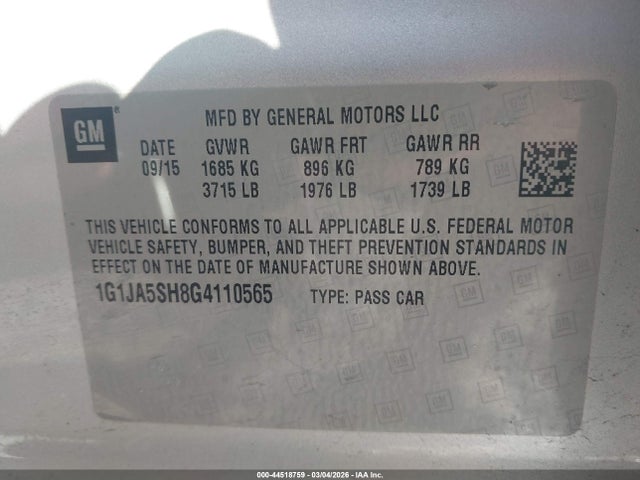 Продаж на аукціоні авто 2016 Chevrolet Sonic Ls Auto, vin: 1G1JA5SH8G4110565, номер лоту: 44518759