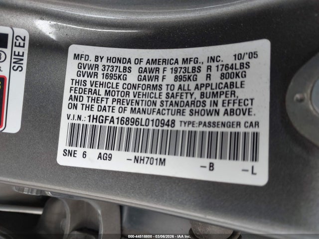44518800 :رقم المزاد ، 1HGFA16896L010948 vin ، 2006 Honda Civic Ex مزاد بيع