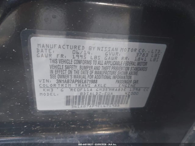 Aukcja sprzedaży 2014 Nissan Sentra Fe+ S/fe+ Sv/s/sl/sr/sv, vin: 3N1AB7AP9EL671988, numer aukcji: 44518821