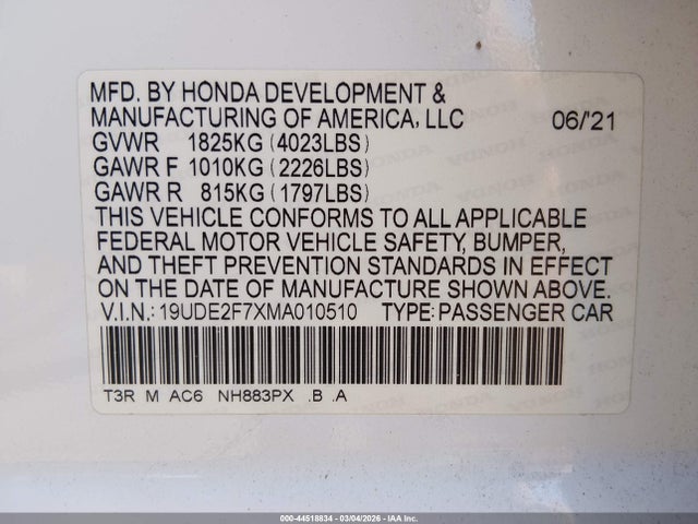 Aukcja sprzedaży 2021 Acura Ilx, vin: 19UDE2F7XMA010510, numer aukcji: 44518834