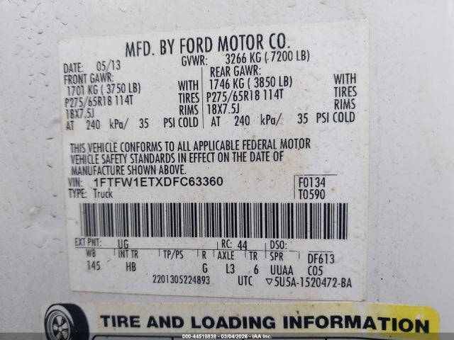 Auction sale of the 2013 Ford F-150 Lariat, vin: 1FTFW1ETXDFC63360, lot number: 44518838