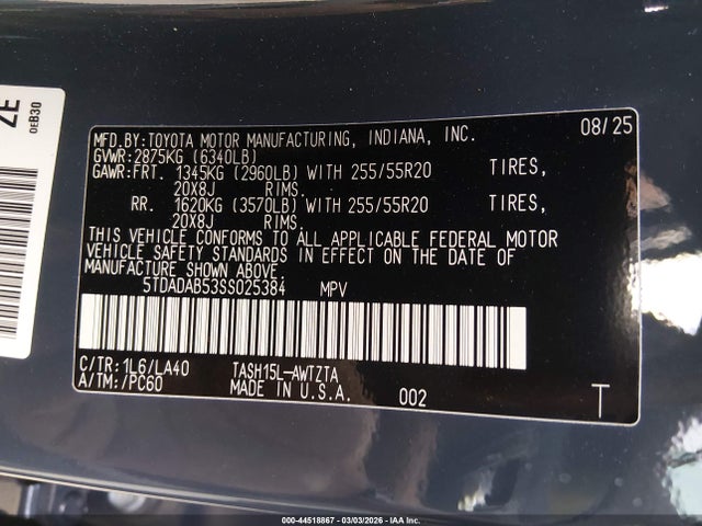 2025 Toyota Grand Highlander Hybrid Platinum Max მანქანა იყიდება აუქციონზე, vin: 5TDADAB53SS025384, აუქციონის ნომერი: 44518867