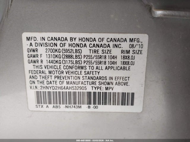 2010 Acura Mdx Technology Package მანქანა იყიდება აუქციონზე, vin: 2HNYD2H64AH532905, აუქციონის ნომერი: 44518880