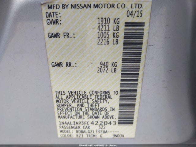 Aukcja sprzedaży 2015 Nissan Altima 2.5/2.5 S/2.5 Sl/2.5 Sv, vin: 1N4AL3AP3FC422043, numer aukcji: 44518883