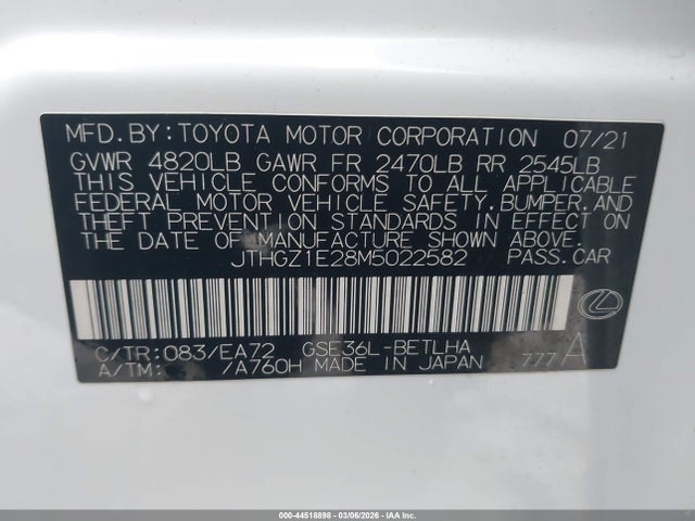 44518898 :رقم المزاد ، JTHGZ1E28M5022582 vin ، 2021 Lexus Is 350 F Sport مزاد بيع