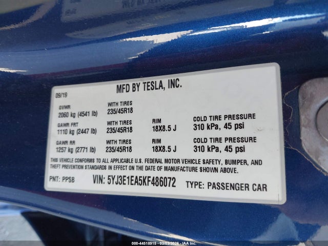 5YJ3E1EA5KF486072 Tesla Model 3 Long Range/mid Range/standard Range/standard Range Plus