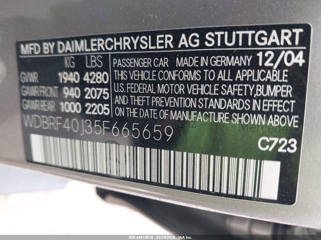 Aukcja sprzedaży 2005 Mercedes-benz C 230 Kompressor Sport, vin: WDBRF40J35F665659, numer aukcji: 44518918