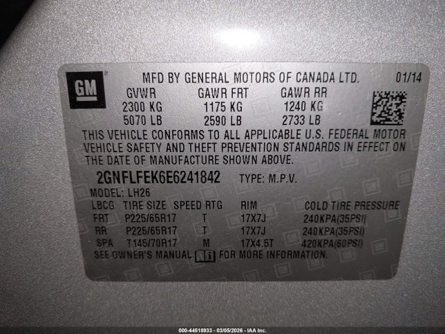 Aukcja sprzedaży 2014 Chevrolet Equinox 1lt, vin: 2GNFLFEK6E6241842, numer aukcji: 44518933