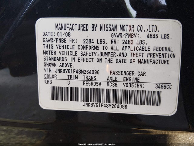 44518946 :رقم المزاد ، JNKBV61F48M264096 vin ، 2008 Infiniti G35x مزاد بيع