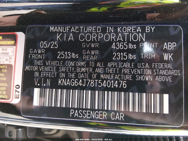 Aukcja sprzedaży 2026 Kia K5 Gt-line Fwd, vin: KNAG64J78T5401476, numer aukcji: 44518965