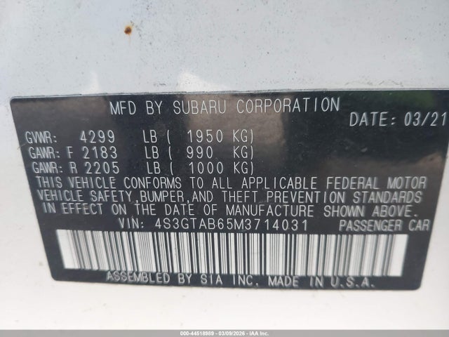 44518989 :رقم المزاد ، 4S3GTAB65M3714031 vin ، 2021 Subaru Impreza 5-door مزاد بيع