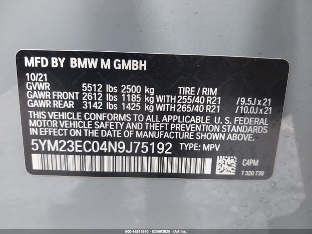 44518993 :رقم المزاد ، 5YM23EC04N9J75192 vin ، 2022 Bmw X4 M مزاد بيع
