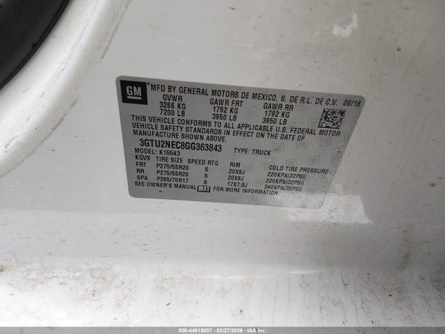 44519007 :رقم المزاد ، 3GTU2NEC8GG363843 vin ، 2016 Gmc Sierra 1500 Slt مزاد بيع