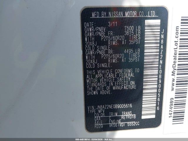 Продаж на аукціоні авто 2011 Infiniti Qx56, vin: JN8AZ2NE0B9005616, номер лоту: 44519014