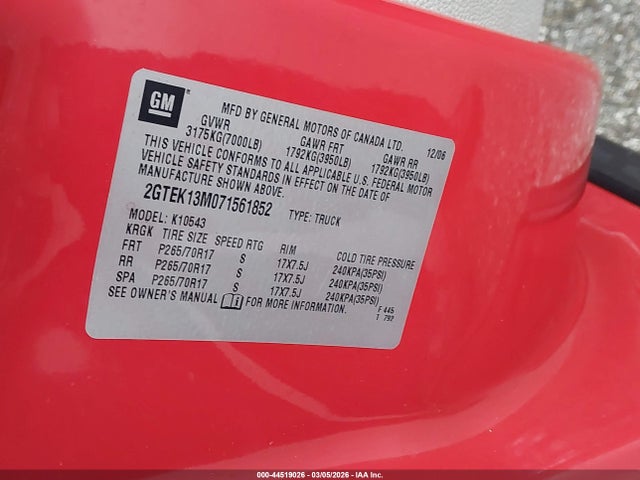 Продаж на аукціоні авто 2007 Gmc Sierra 1500 Slt, vin: 2GTEK13M071561852, номер лоту: 44519026