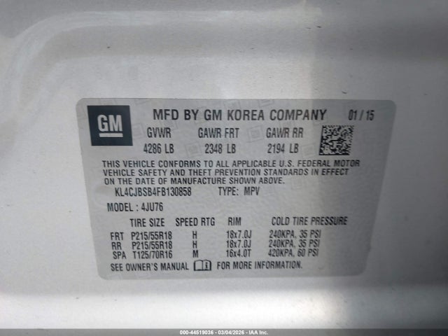 44519036 :رقم المزاد ، KL4CJBSB4FB130858 vin ، 2015 Buick Encore Convenience مزاد بيع