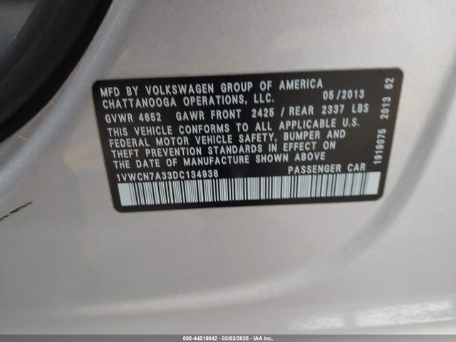 44519042 :رقم المزاد ، 1VWCN7A33DC134938 vin ، 2013 Volkswagen Passat 2.0l Tdi Sel Premium مزاد بيع