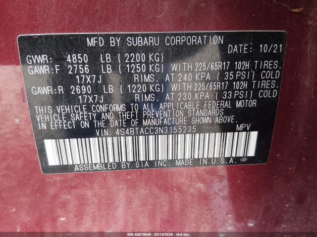 Subaru Outback Premium 2022 4S4BTACC3N3155235 Image 9