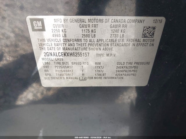 Aukcja sprzedaży 2017 Chevrolet Equinox Lt, vin: 2GNALCEKXH6255157, numer aukcji: 44519068