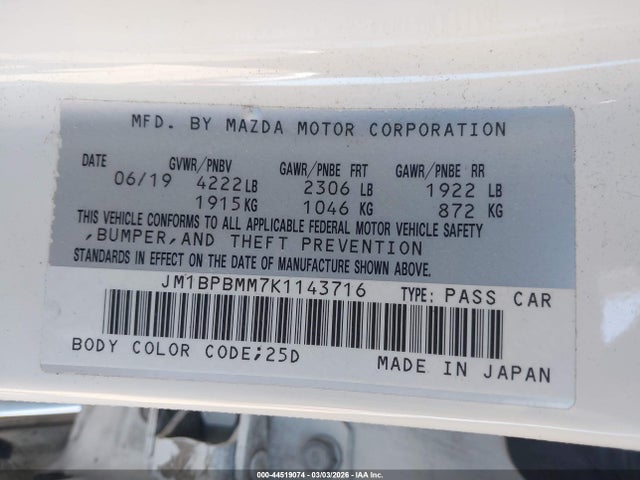 Продаж на аукціоні авто 2019 Mazda Mazda3 Preferred Package, vin: JM1BPBMM7K1143716, номер лоту: 44519074