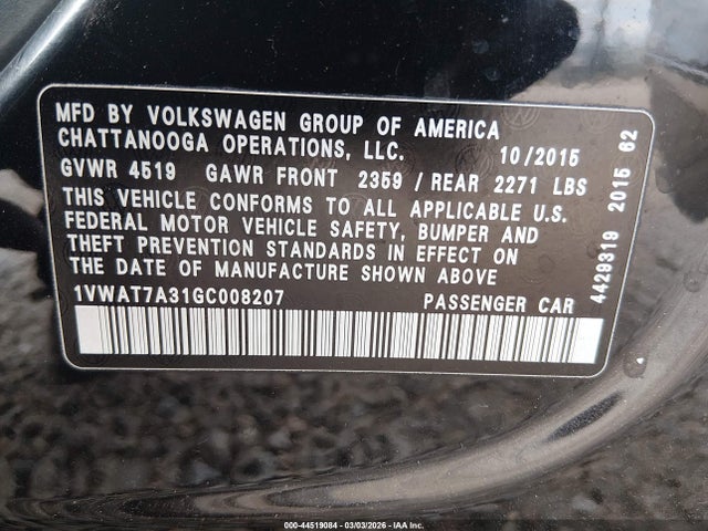 Продаж на аукціоні авто 2016 Volkswagen Passat 1.8t S, vin: 1VWAT7A31GC008207, номер лоту: 44519084