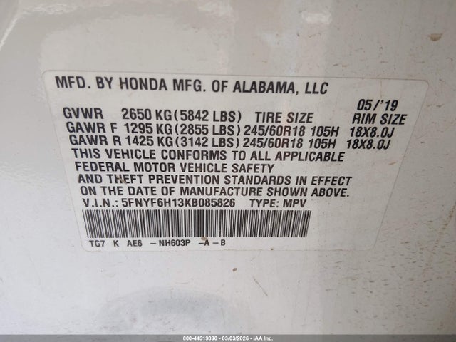 Honda PILOT LX 2019 5FNYF6H13KB085826 Image 9
