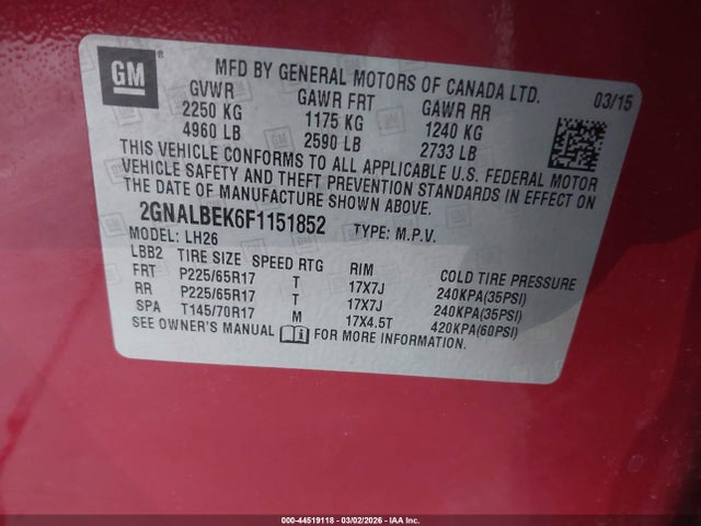 Chevrolet EQUINOX 1LT 2015 2GNALBEK6F1151852 Image 9