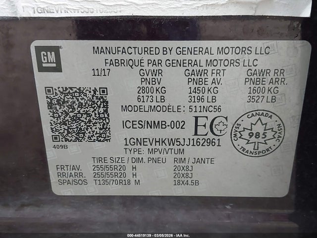 1GNEVHKW5JJ162961 Chevrolet Traverse 3lt