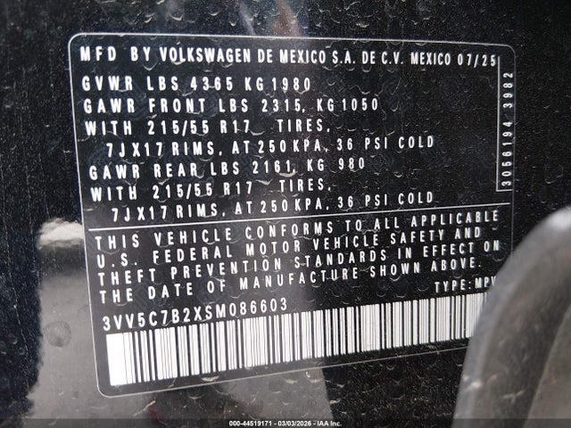 44519171 :رقم المزاد ، 3VV5C7B2XSM086603 vin ، 2025 Volkswagen Taos 1.5t S مزاد بيع