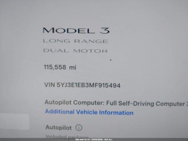 Продажа на аукционе авто 2021 Tesla Model 3 Long Range Dual Motor All-wheel Drive, vin: 5YJ3E1EB3MF915494, номер лота: 44519175
