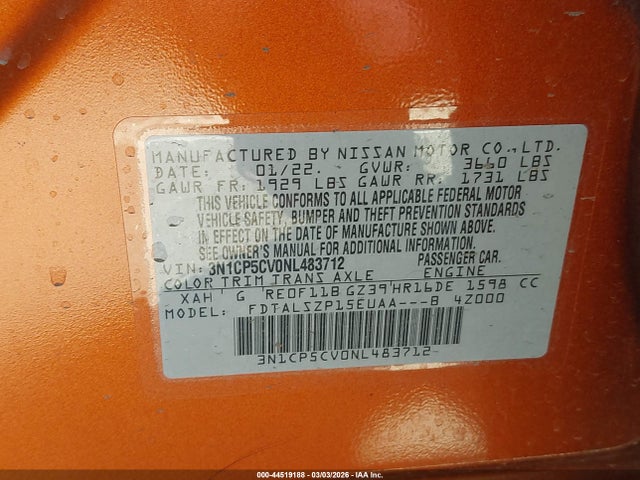 3N1CP5CV0NL483712 Nissan Kicks Sv Xtronic Cvt