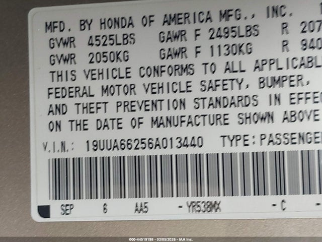 Aukcja sprzedaży 2006 Acura Tl, vin: 19UUA66256A013440, numer aukcji: 44519198