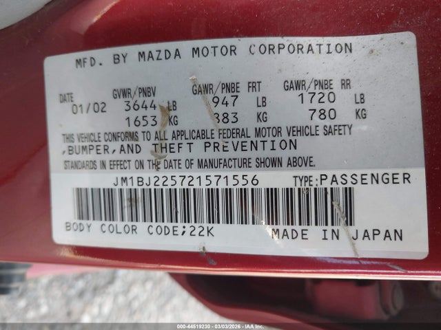 Aukcja sprzedaży 2002 Mazda Protege Dx/es/lx, vin: JM1BJ225721571556, numer aukcji: 44519230