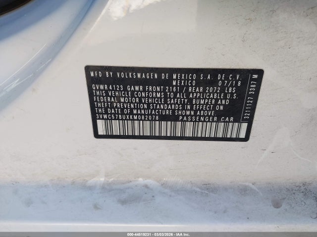 2019 Volkswagen Jetta 1.4t R-line/1.4t S/1.4t Se მანქანა იყიდება აუქციონზე, vin: 3VWC57BUXKM082078, აუქციონის ნომერი: 44519231