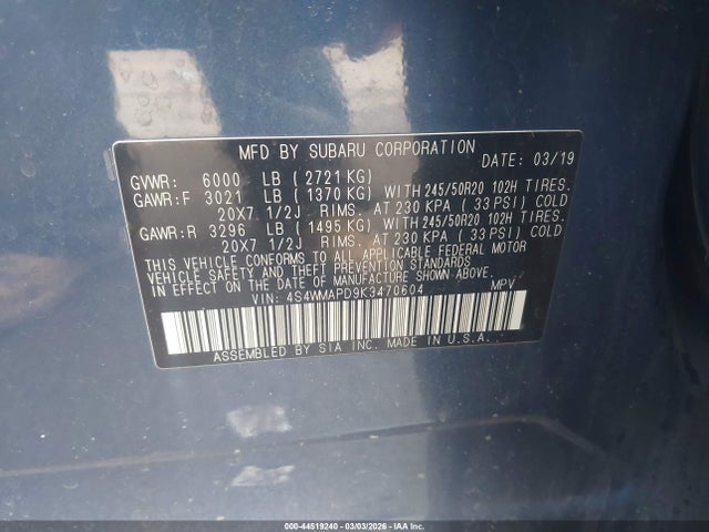 Продаж на аукціоні авто 2019 Subaru Ascent Limited, vin: 4S4WMAPD9K3470604, номер лоту: 44519240