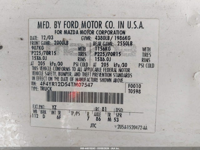 Aukcja sprzedaży 2004 Mazda B2300, vin: 4F4YR12D54TM07547, numer aukcji: 44519243