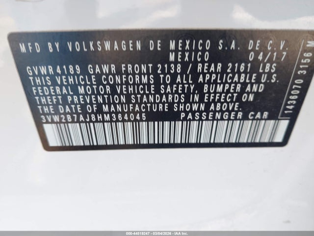 Продаж на аукціоні авто 2017 Volkswagen Jetta 1.4t S, vin: 3VW2B7AJ8HM364045, номер лоту: 44519247