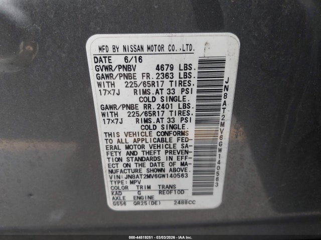 JN8AT2MV6GW140563 Nissan ROGUE S