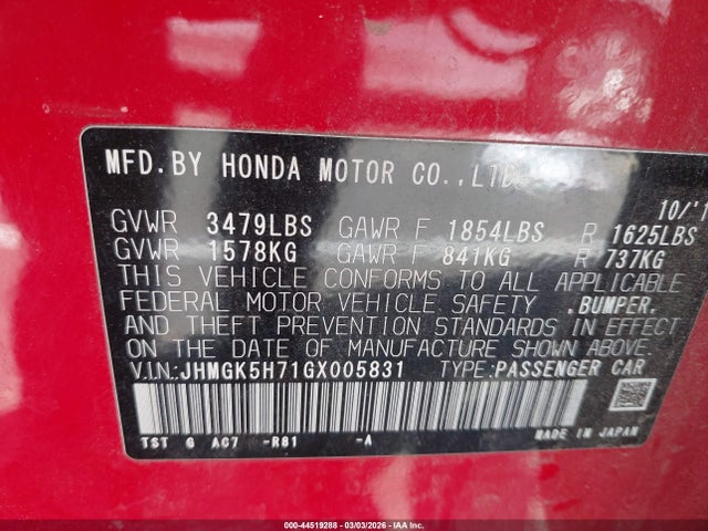 JHMGK5H71GX005831 Honda FIT EX