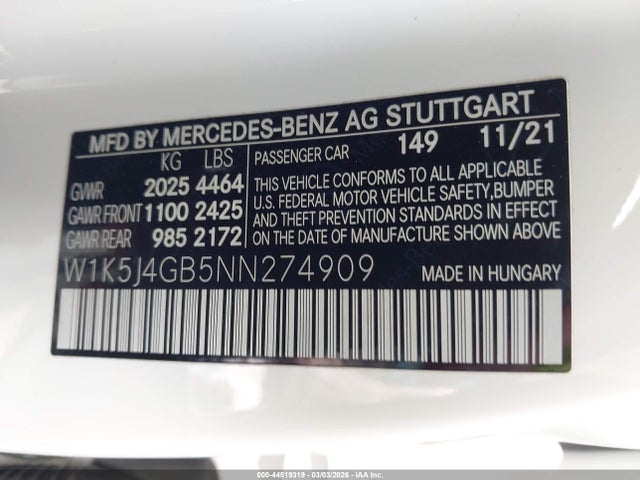 44519319 :رقم المزاد ، W1K5J4GB5NN274909 vin ، 2022 Mercedes-benz Cla 250 Coupe مزاد بيع