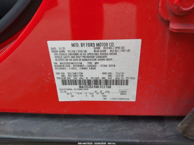 Продаж на аукціоні авто 2021 Ford Ecosport Se, vin: MAJ3S2GE4MC451768, номер лоту: 44519320