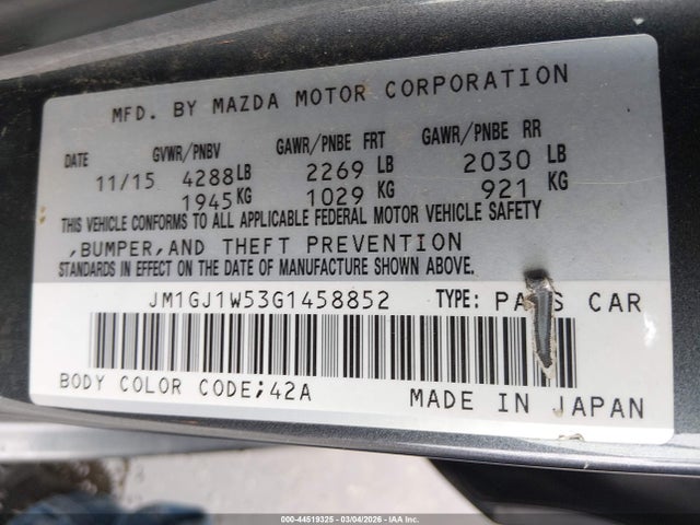 Aukcja sprzedaży 2016 Mazda Mazda6 I Grand Touring, vin: JM1GJ1W53G1458852, numer aukcji: 44519325